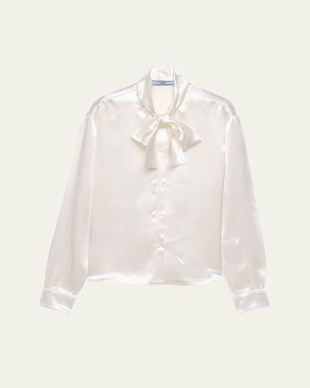 Satin Bow-Neck Button-Down Blouse